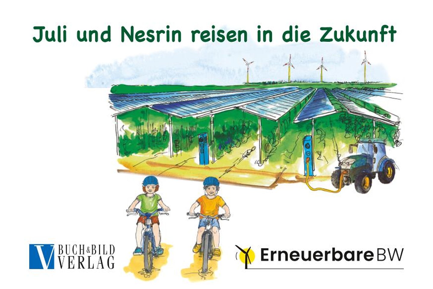 Grafik Titelbild: Zeichnung zweie Kinder auf dem Fahrrad vor Landschaft mit Windkraft und Photovoltaik