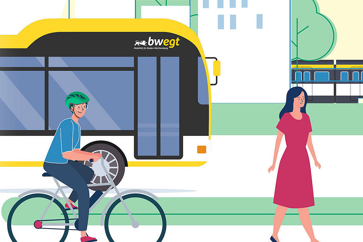 Grafik mit  Bus, Radfahrer und Fußgängerin