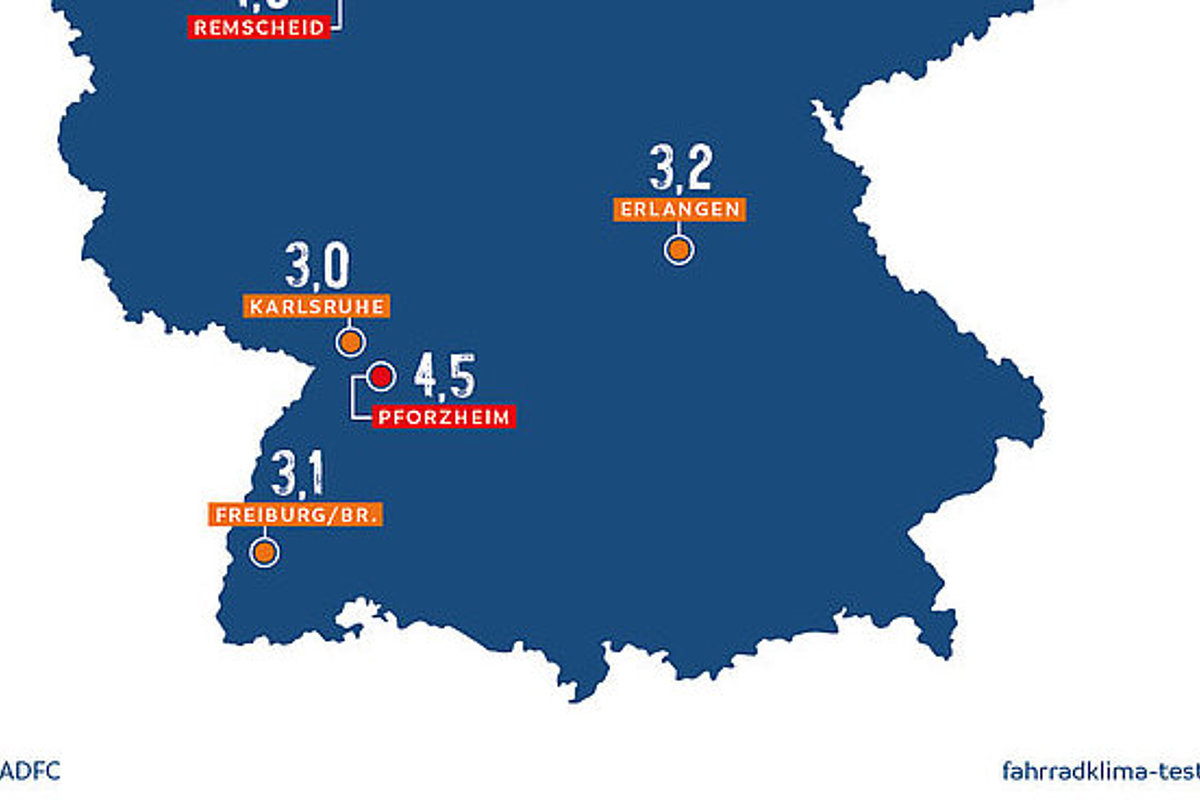 Die Top- und Flop-Großstädte des ADFC-Fahrradklimatests auf der Deutschlandkarte