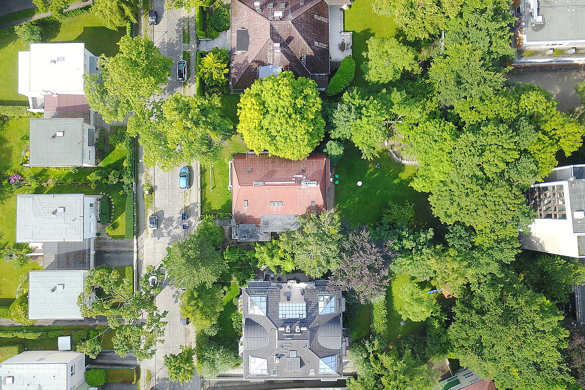 Blick von oben auf einen grünen Stadtteil