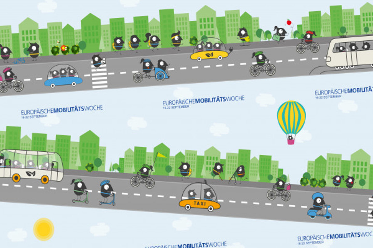 Grafik Stadtansichten mit nachhaltigen Verkehrsmitteln