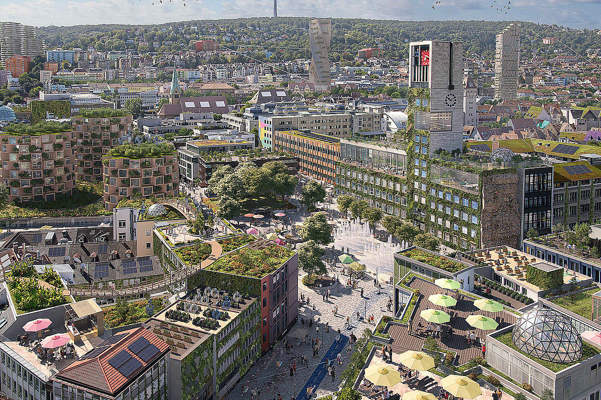 Visualisierung des Marktplatzes in Stuttgart, wie er im Jahr 2045 aussehen könnte