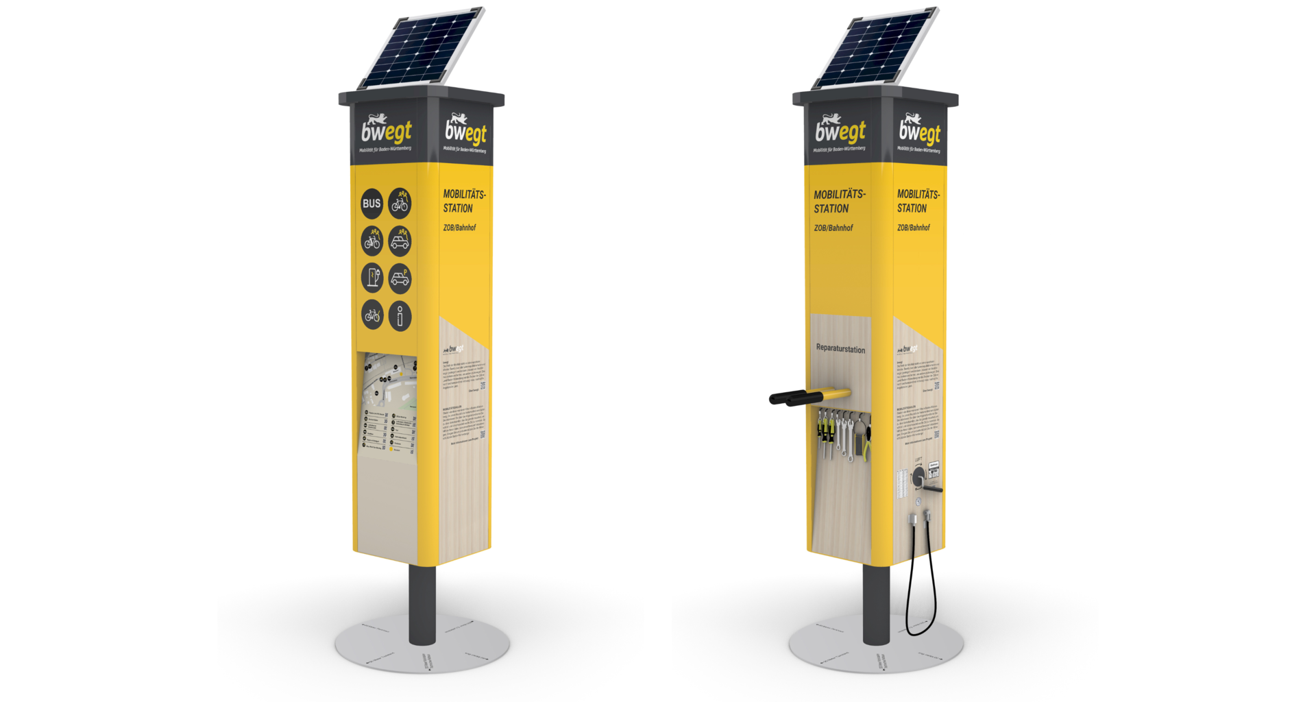 Rendering der kleinen Mobilitätssäule mit und ohne Fahrradreparaturset