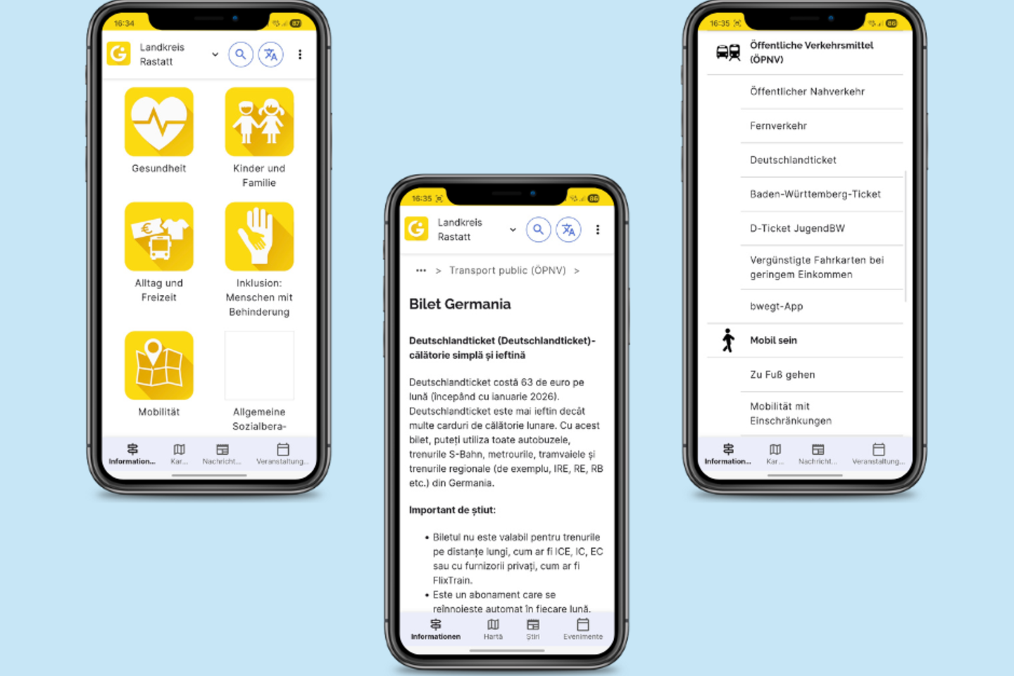 Screenshots der Integreat-App mit mehrsprachigen Texten