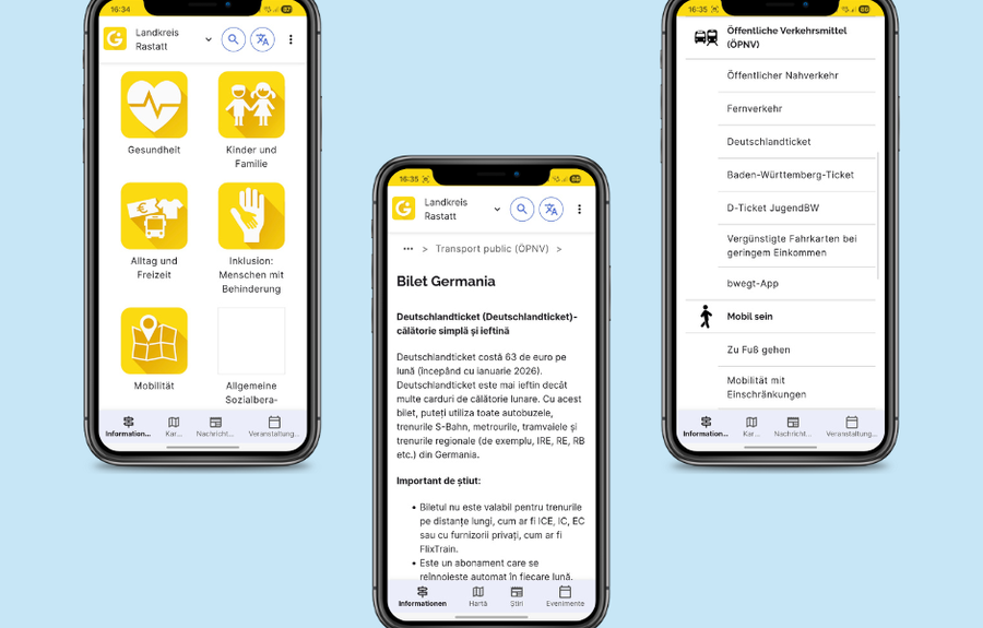 Screenshots der Integreat-App mit mehrsprachigen Texten