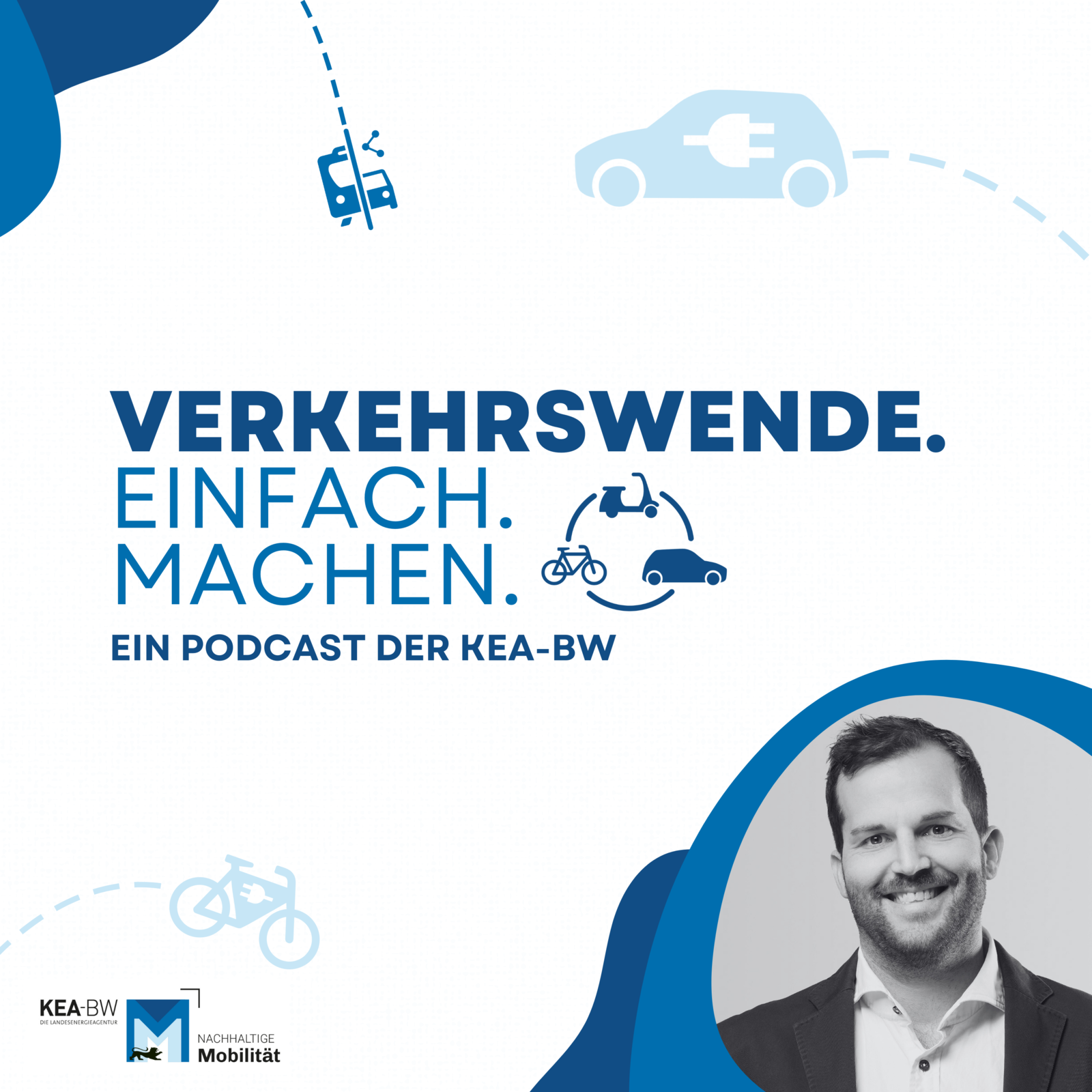 Das Cover des Podcasts "Verkehrswende. Einfach. Machen." der KEA-BW mit Piktogrammen von Verkehrsmitteln und einem Foto von Moderator Mathias Schmid