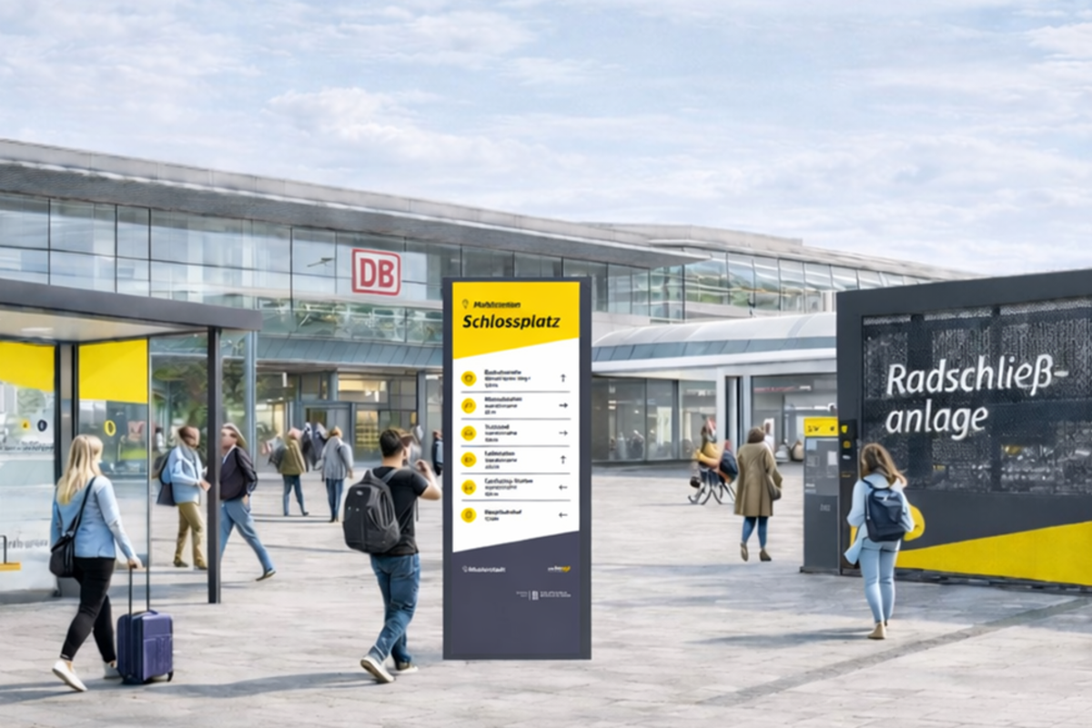 Grafik Mobilstationen/mit KI generiert Grafische Darstellung einer Mobilstation vor einem Bahnhof mit Infosäule, Haltestelle und Radschließanlage