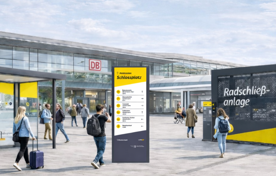 Grafische Darstellung einer Mobilstation vor einem Bahnhof mit Infosäule, Haltestelle und Radschließanlage 