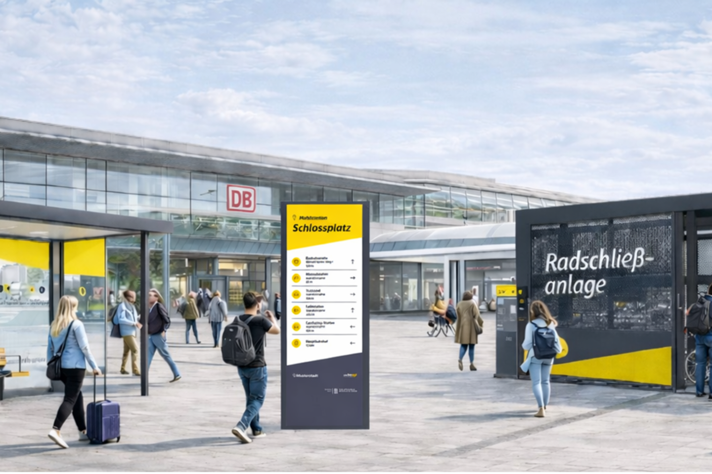 Grafische Darstellung einer Mobilstation vor einem Bahnhof mit Infosäule, Haltestelle und Radschließanlage 