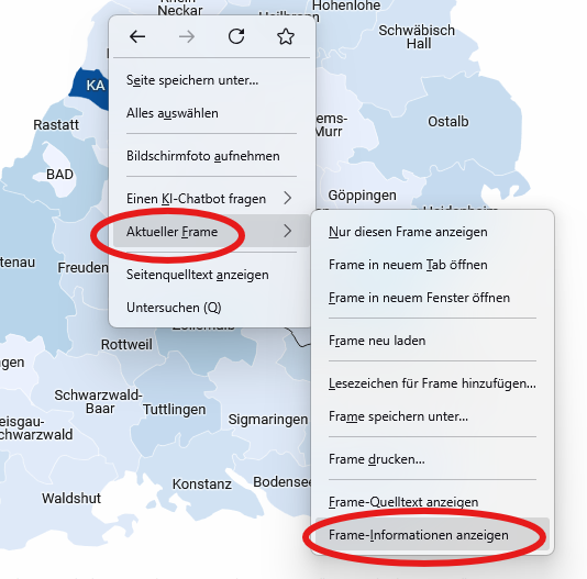Beispielgrafik aus Statusbericht mit geöffnetem Menü Beispielkarte aus dem Startusbericht mit geöffnetem Menü und Markierungen in den Einstellungen