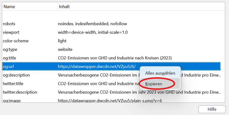 Menüeinstellung mit markierter URL offene Frame-Information der Beispielgrafik mit markierter URL
