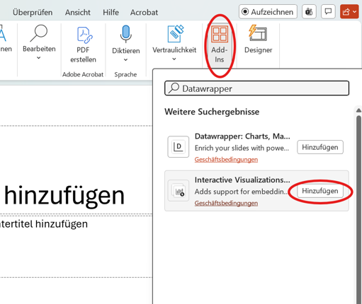 Menüleiste in Powerpoint mit Add-Ins Funktion offene Start-Menüleiste in Powerpoint mit