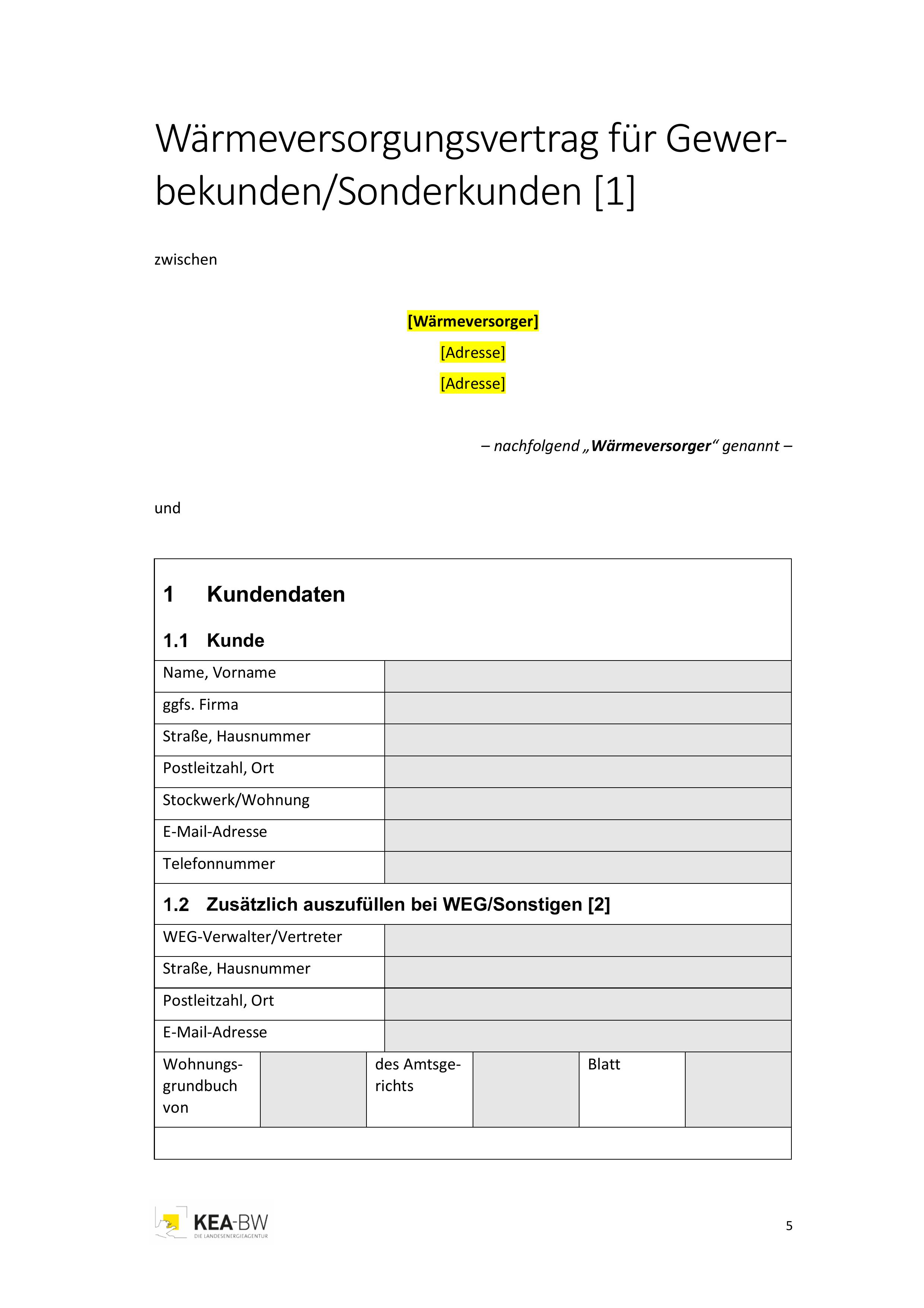 Ausschnitt aus dem Muster-Wärmeversorgungsvertrag